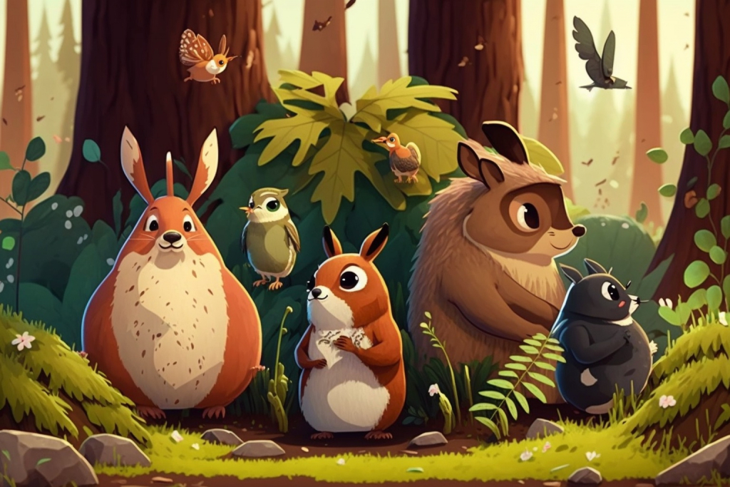 Forest animals playing scavenger hunt.