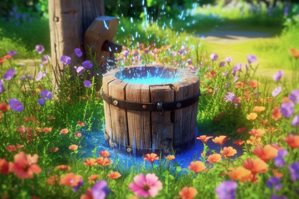 Bubbly water coming from a wooden well in a colorful meadow.