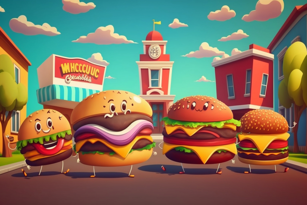Four happy cartoon hamburgers in a Burger Kingdom.