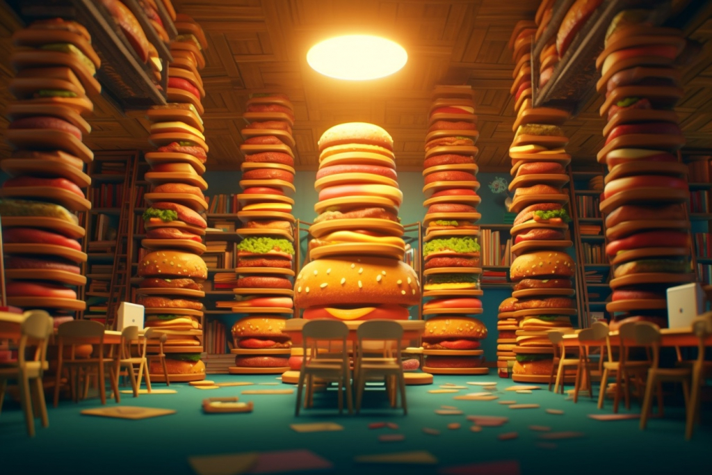 Hammburger library with shelves made out of burgers.