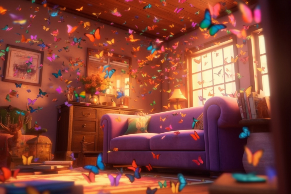 A lot of colorful butterflies in a living room.