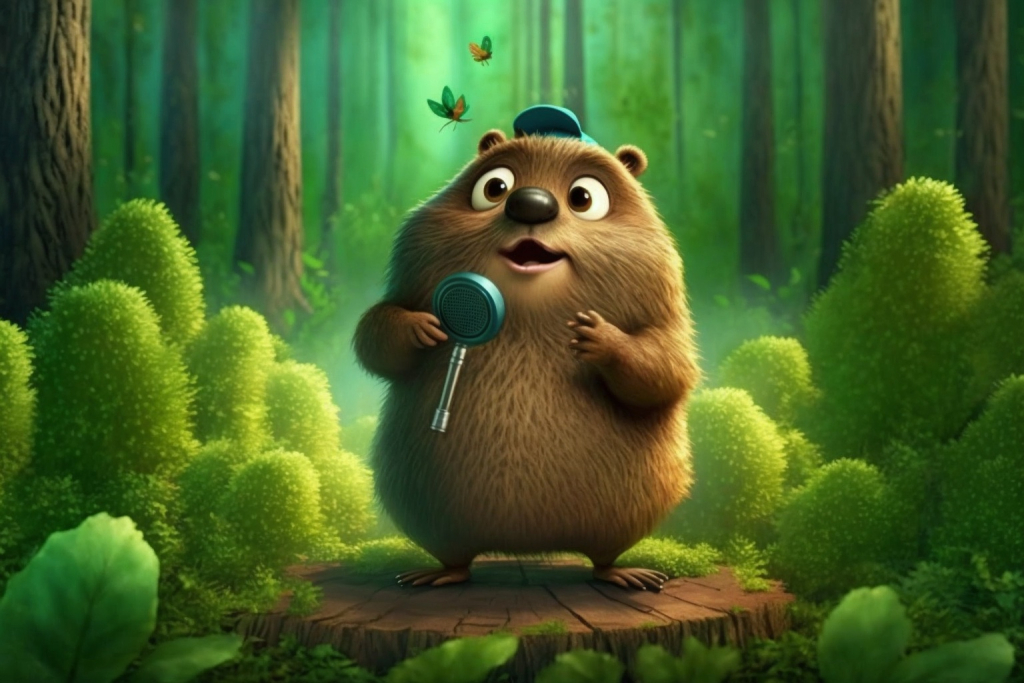 A cartoon beatboxing beaver in a green forest.