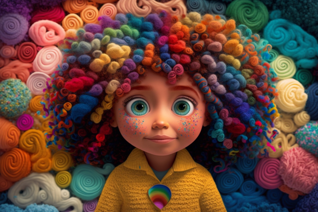 A young girl Emelia with rainbow colored curly hair.