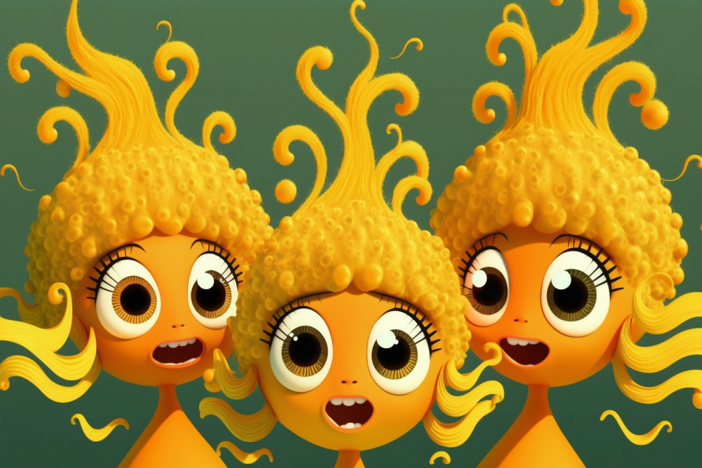Three cartoon mustard mermaids.