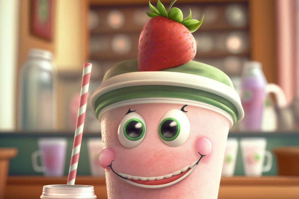 A cartoon strawberry milkshake Miss Milky.
