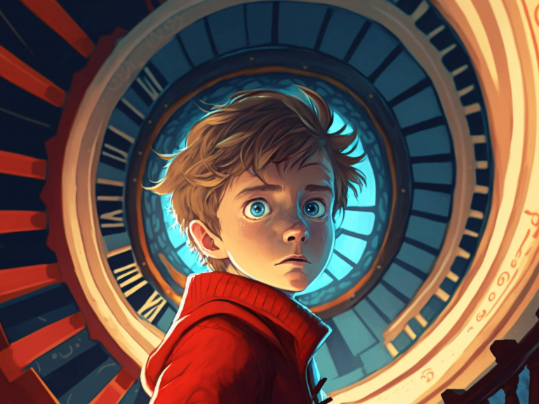 Cartoon young boy Max in a spiral staircase of a clock tower.