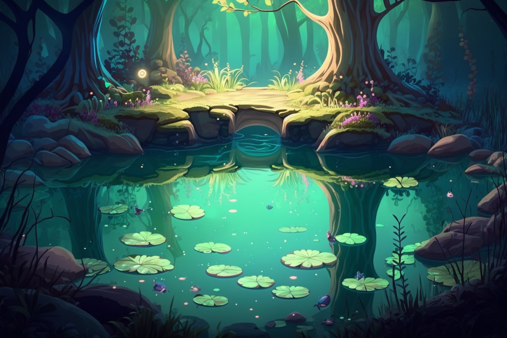 An enchanted pond in a magical forest.