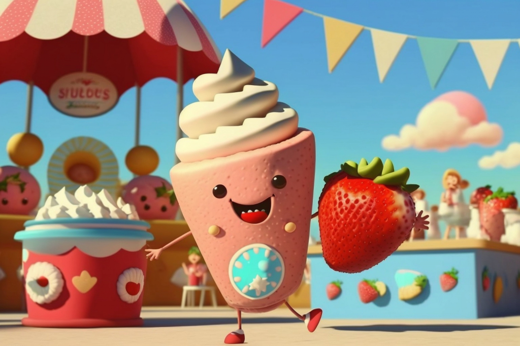 A dancing cartoon strawberry milkshake on a food festival.