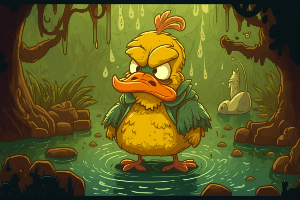 Grumpy cartoon duck Gilbert standing in a pond.