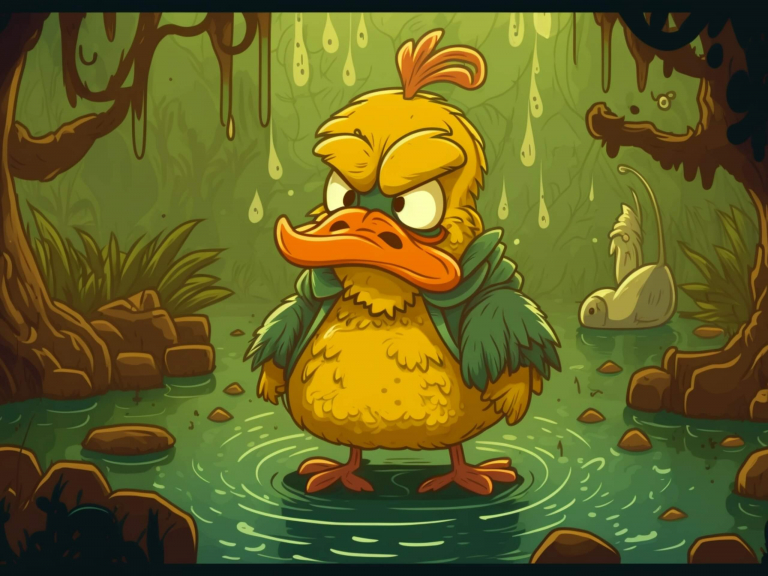 A grumpy cartoon duck in a pond.
