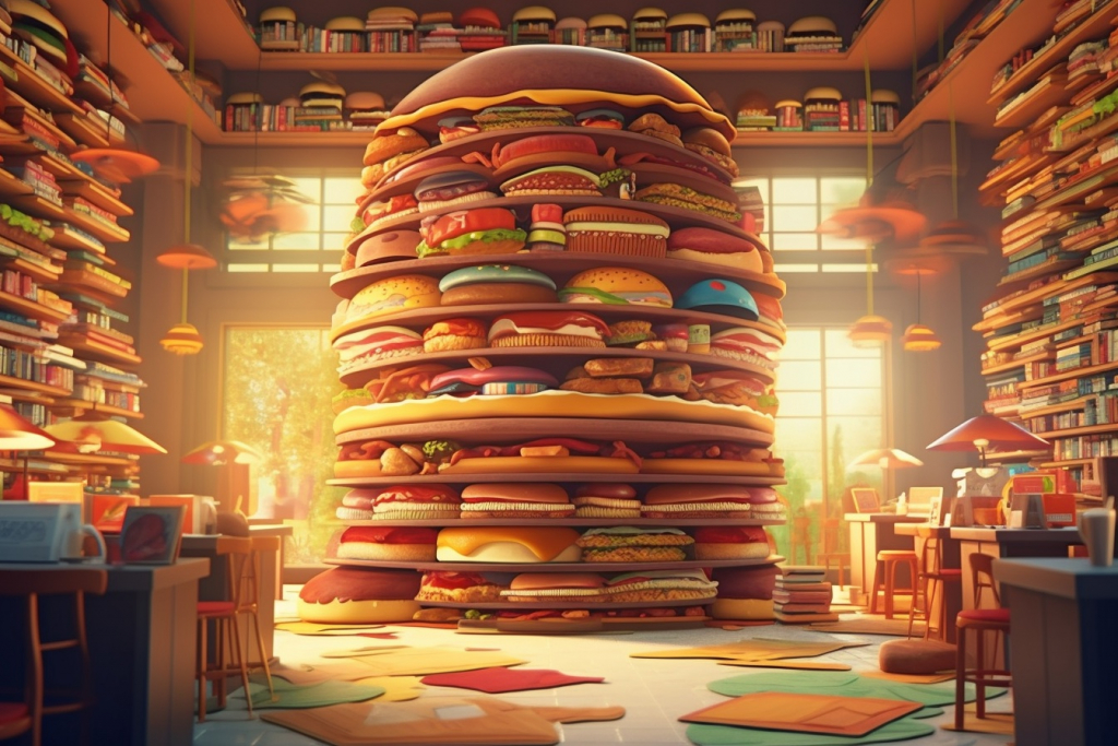 Library made out of hamburgers.