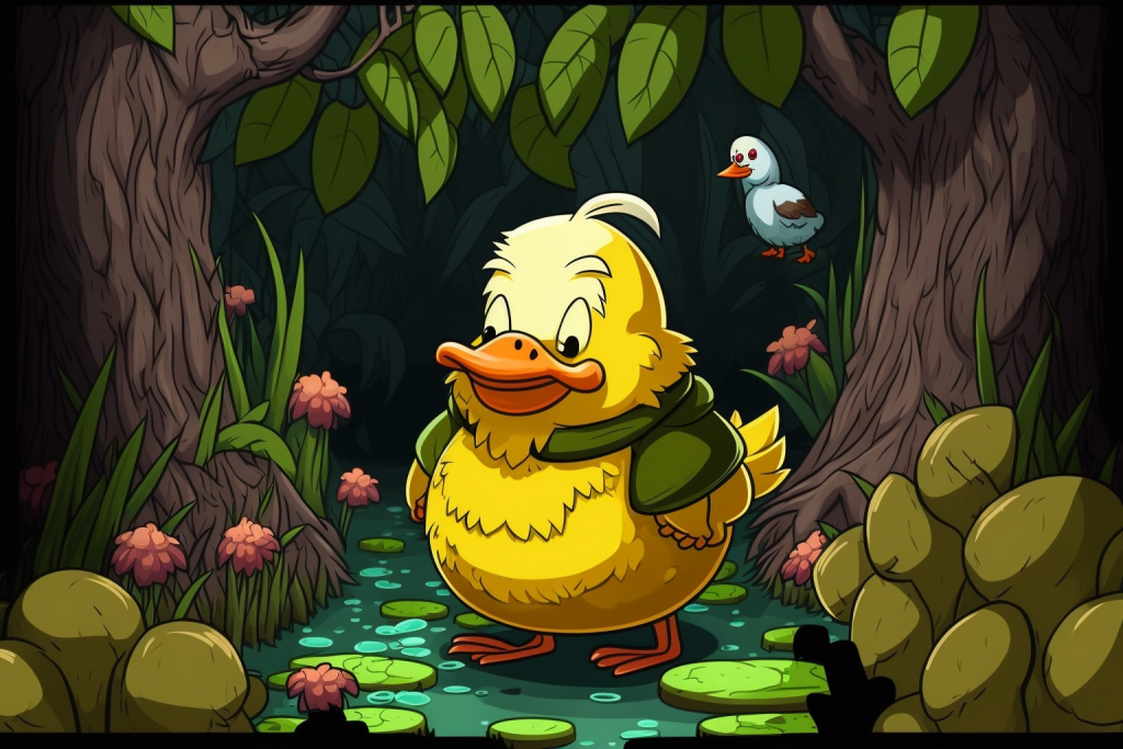 A happy cartoon duck Gilbert in an enchanted pond.