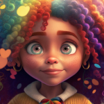 Happy girl Emelia with rainbow colored curly hair.
