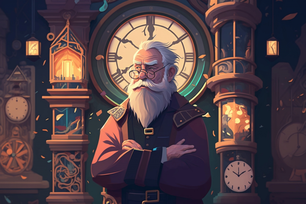 An elderly cartoon magical timekeeper in a clock tower.