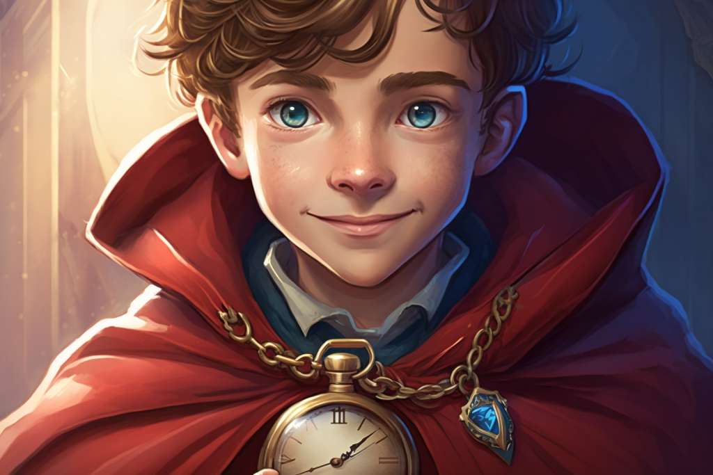 A young boy Max the Brave in a red cape and with an ancient pocket watch.