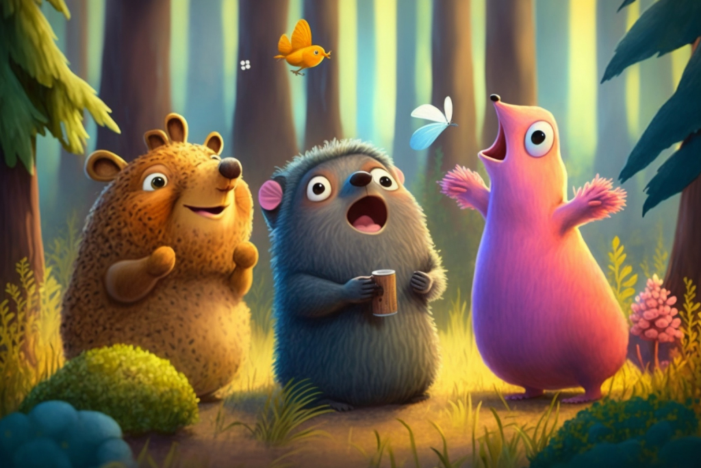 Cute singing cartoon animals in a forest.