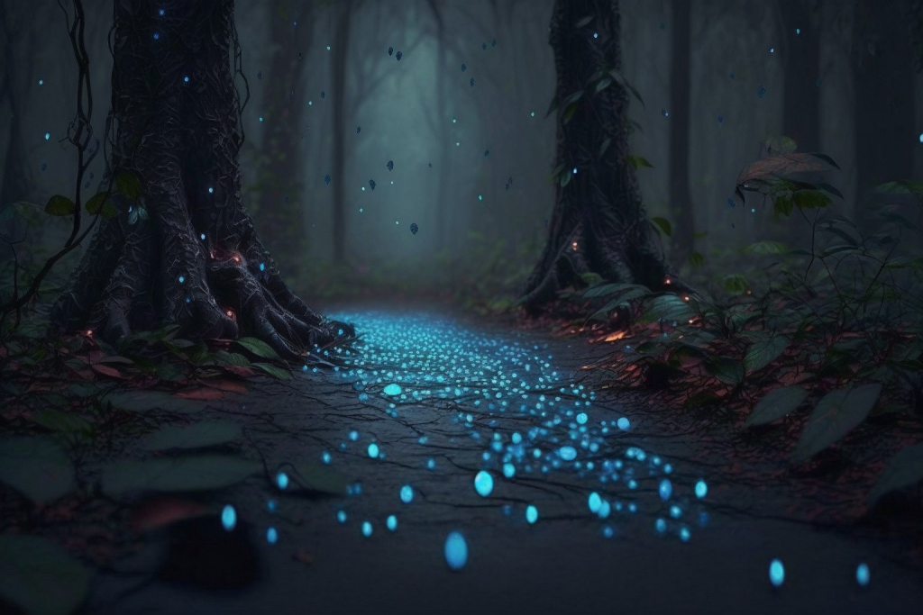 A trail of glowing tears in a dark gloomy forest.