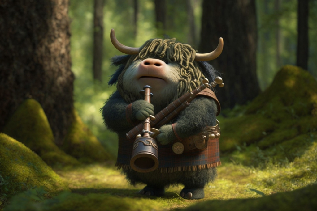 A cartoon yodeling yak with bagpipes.