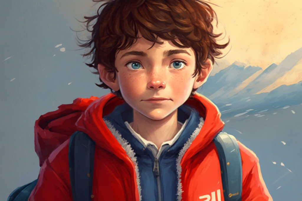 A young cartoon boy Max with messy brown hair and wearing a red jacket.