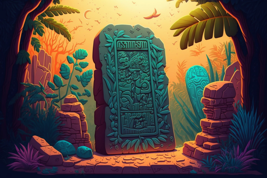 Cartoon ancient stone with ancient carvings in a colorful jungle.