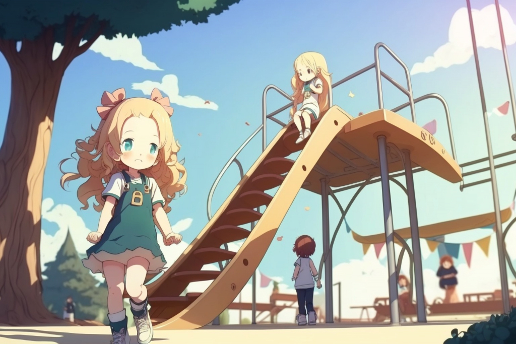 Anime kids playing on a playground.