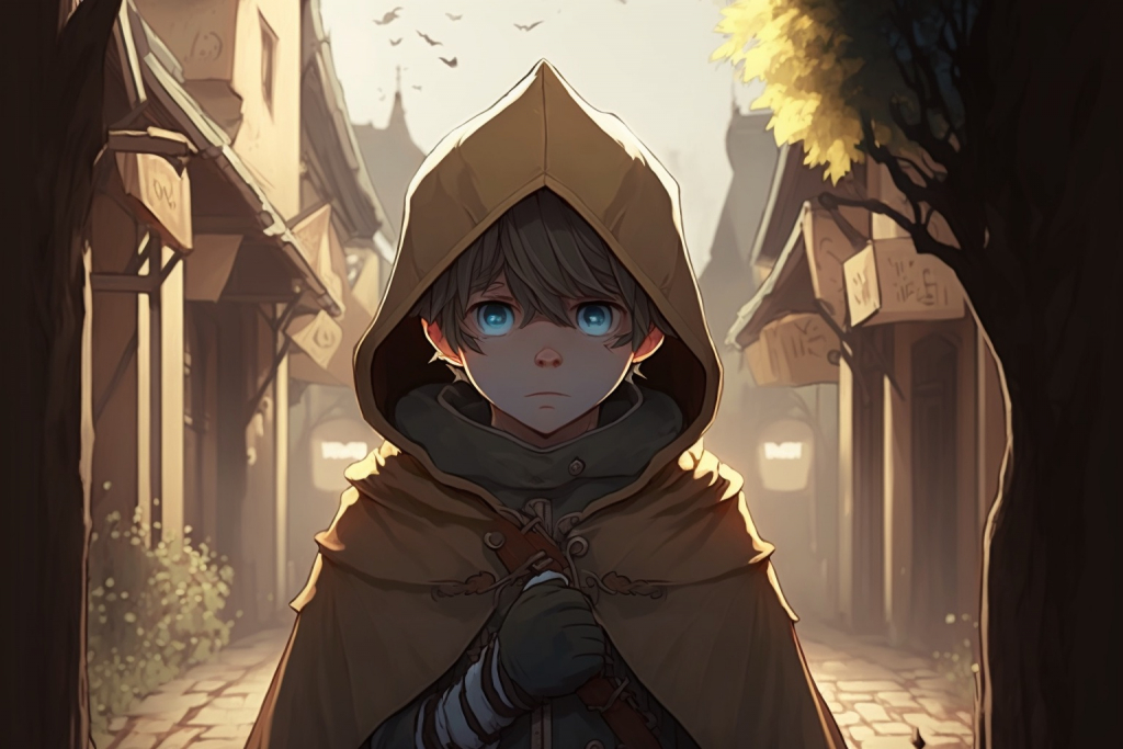 Anime boy Hikaru with glowing blue eyes in a hooded cape.