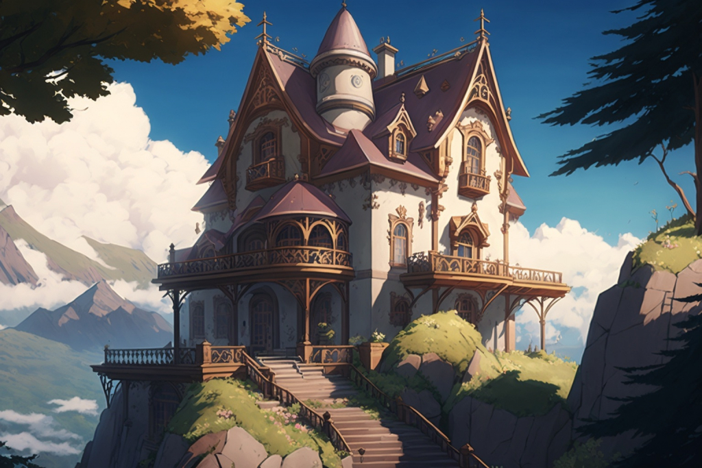 A beautiful anime mansion on top of a hill.