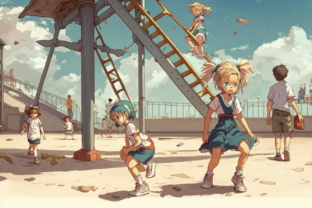Anime children playing on a playground.