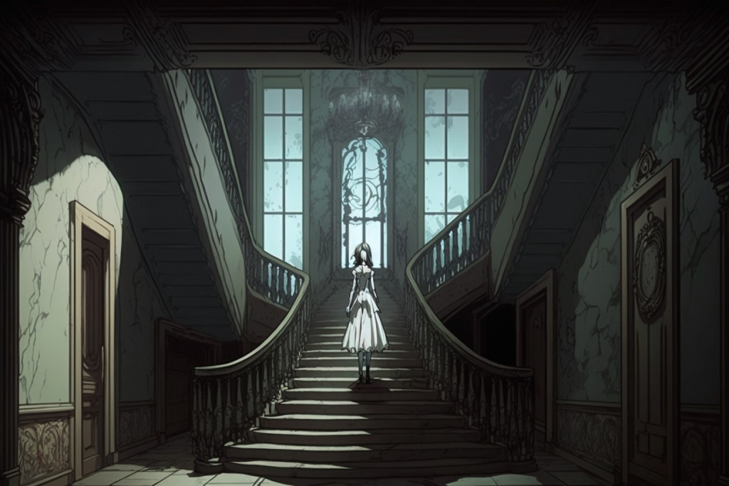 Anime servant ghost in an abandoned mansion.