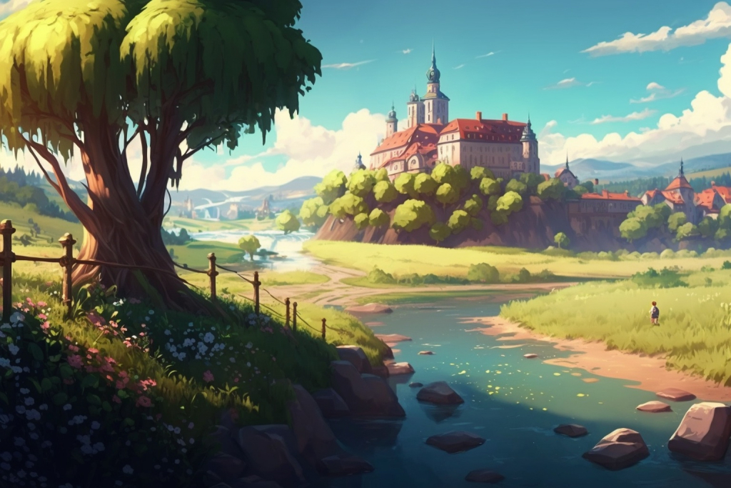 A beautiful kingdom with castle and a river during the summer.