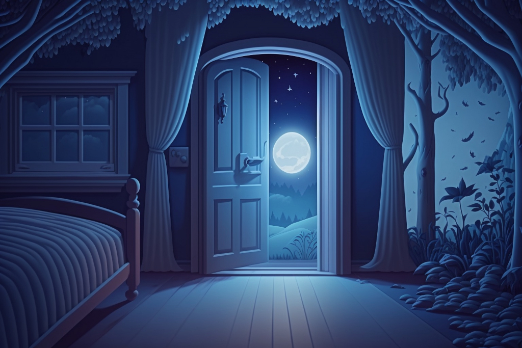 A magical door with a moonlit Dreamworld in a children's bedroom.