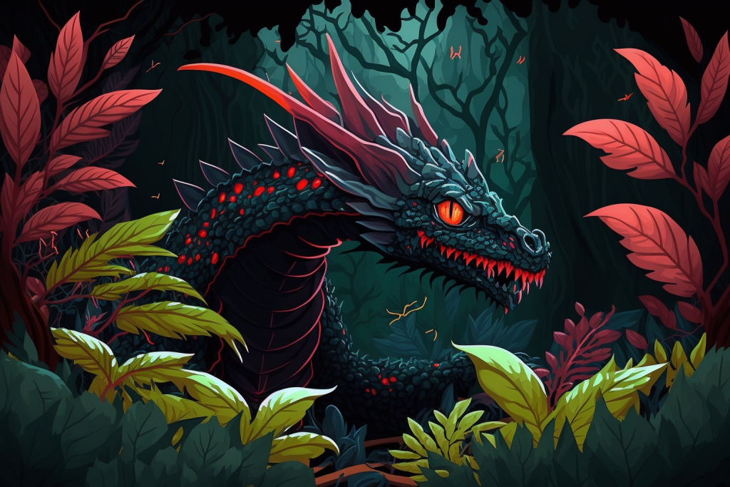 A cartoon scary black dragon with red eyes in a jungle.