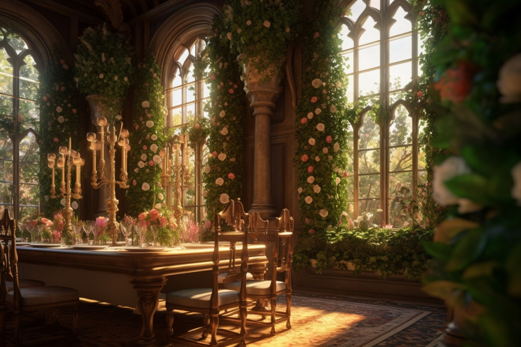 Blooming flowers and vines around the windows inside the castle's dining room.