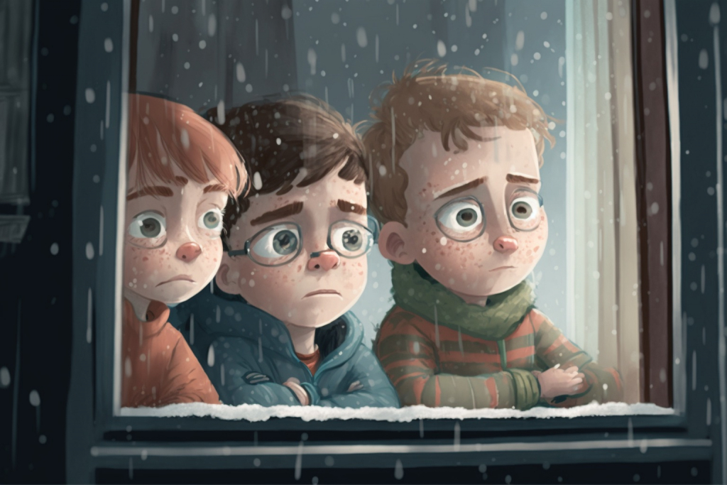 Bored children looking through the window during a snowy winter day.