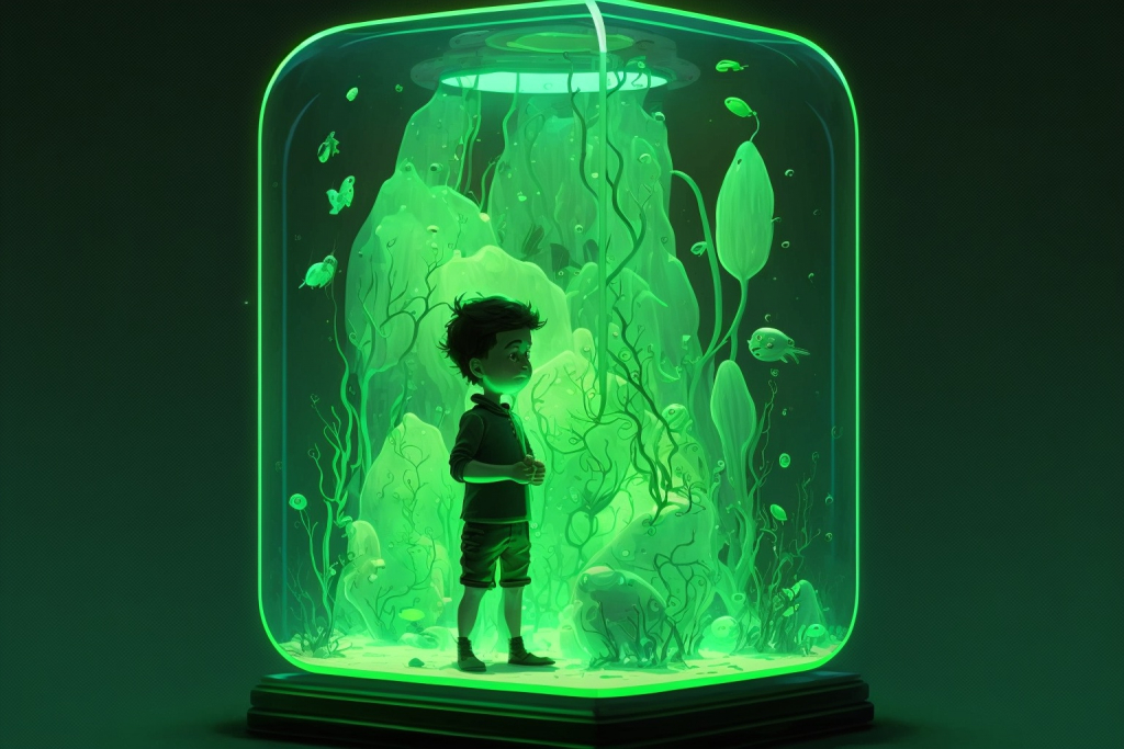 A young boy trapped in a glass chamber with a green glowing liquid.
