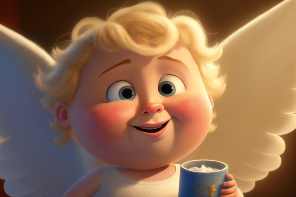 A cute chubby angel Nimbus drinking hot chocolate.