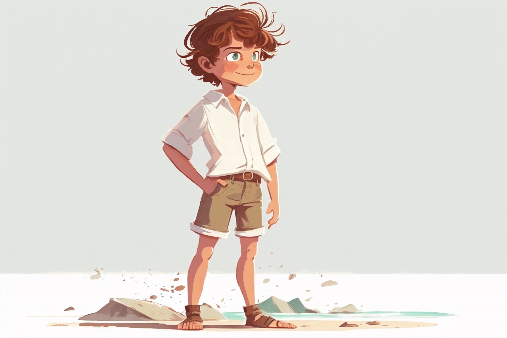 A cartoon young boy Oliver with messy brown hair, linen shirt and shorts standing on a beach.