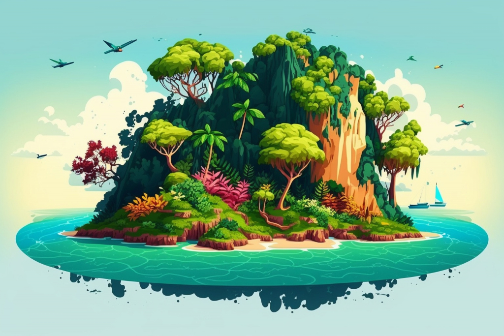 A lush green cartoon floating island with exotic flowers.