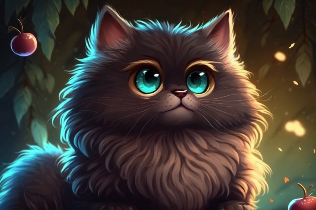 A beautiful cartoon fluffy brown cat with glowing turquoise eyes.