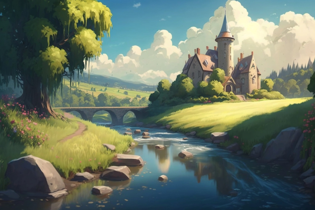 River with a bridge and a beautiful castle in a cartoon kingdom.