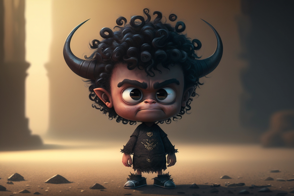 Cartoon little devil Onyx with black curly hair and horns.