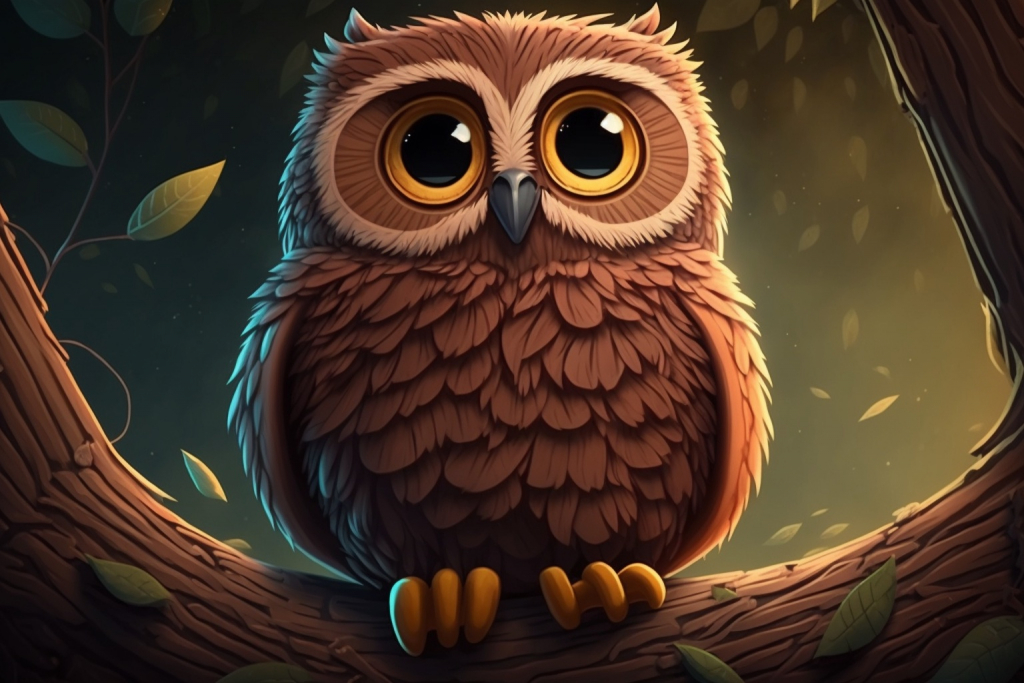 Cartoon owl sitting on a tree branch.