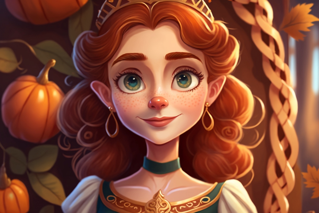 Cartoon autumn princess Amber with pumpkins behind her.