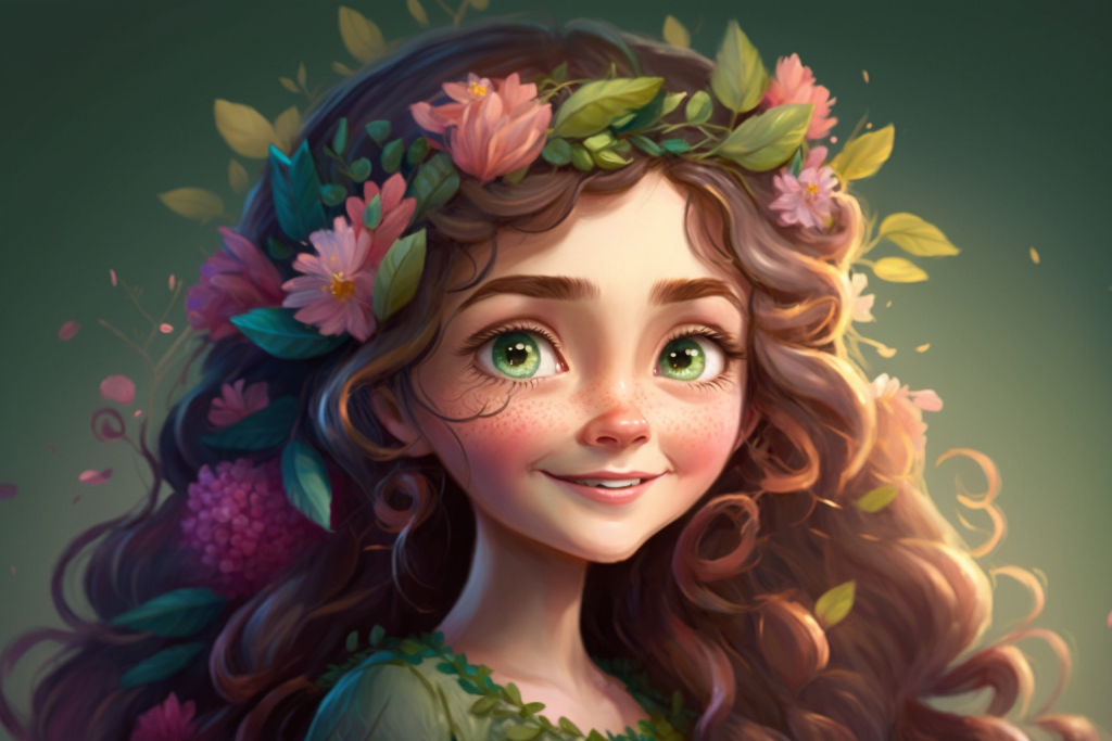 A beautiful cartoon princess Blossom with wavy brown hair with flowers and green eyes.