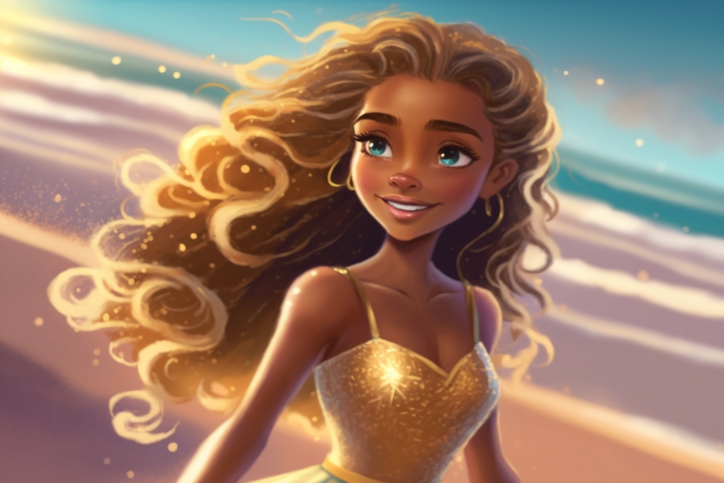 Summer princess Solara with golden dress on a beach.