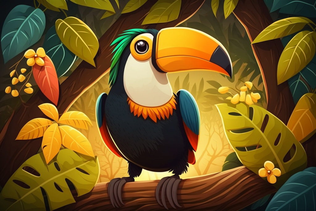 A cartoon toucan Tiki sitting on a tree branch.