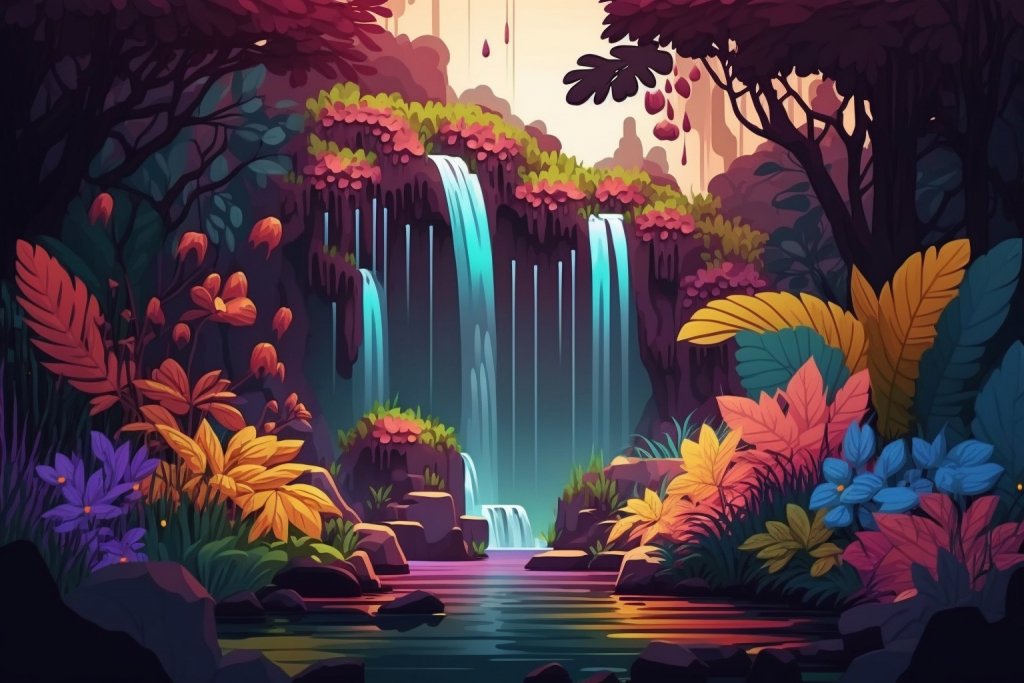 A cartoon cascading waterfall in a magical jungle.