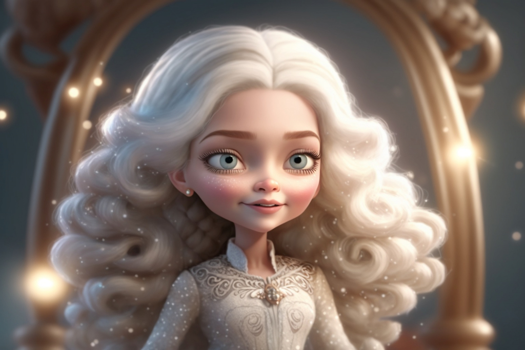 Cartoon winter princess Crystal with silver curly hair and an embroided dress.