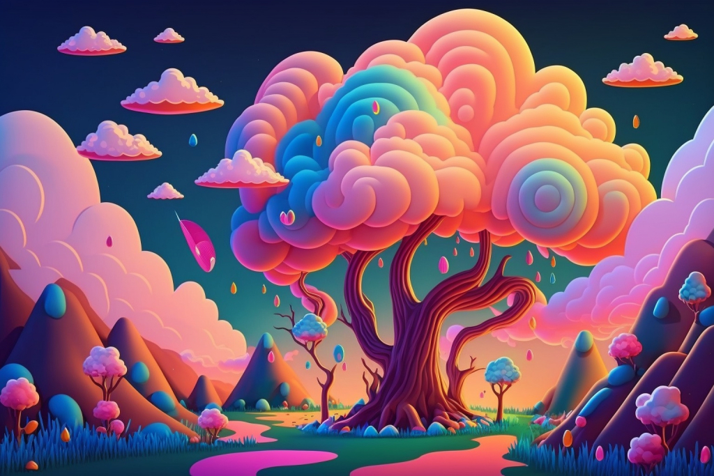 Colorful rainbow colored tree in a dreamy forest.