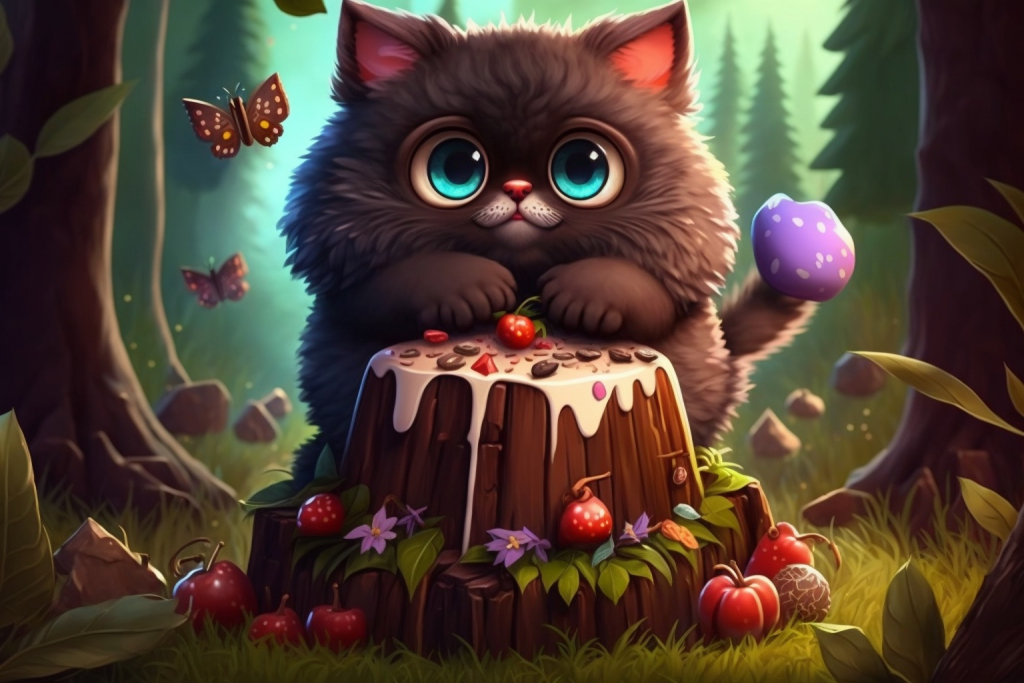 A cute cartoon fluffy brown cat in a cake and candy land.
